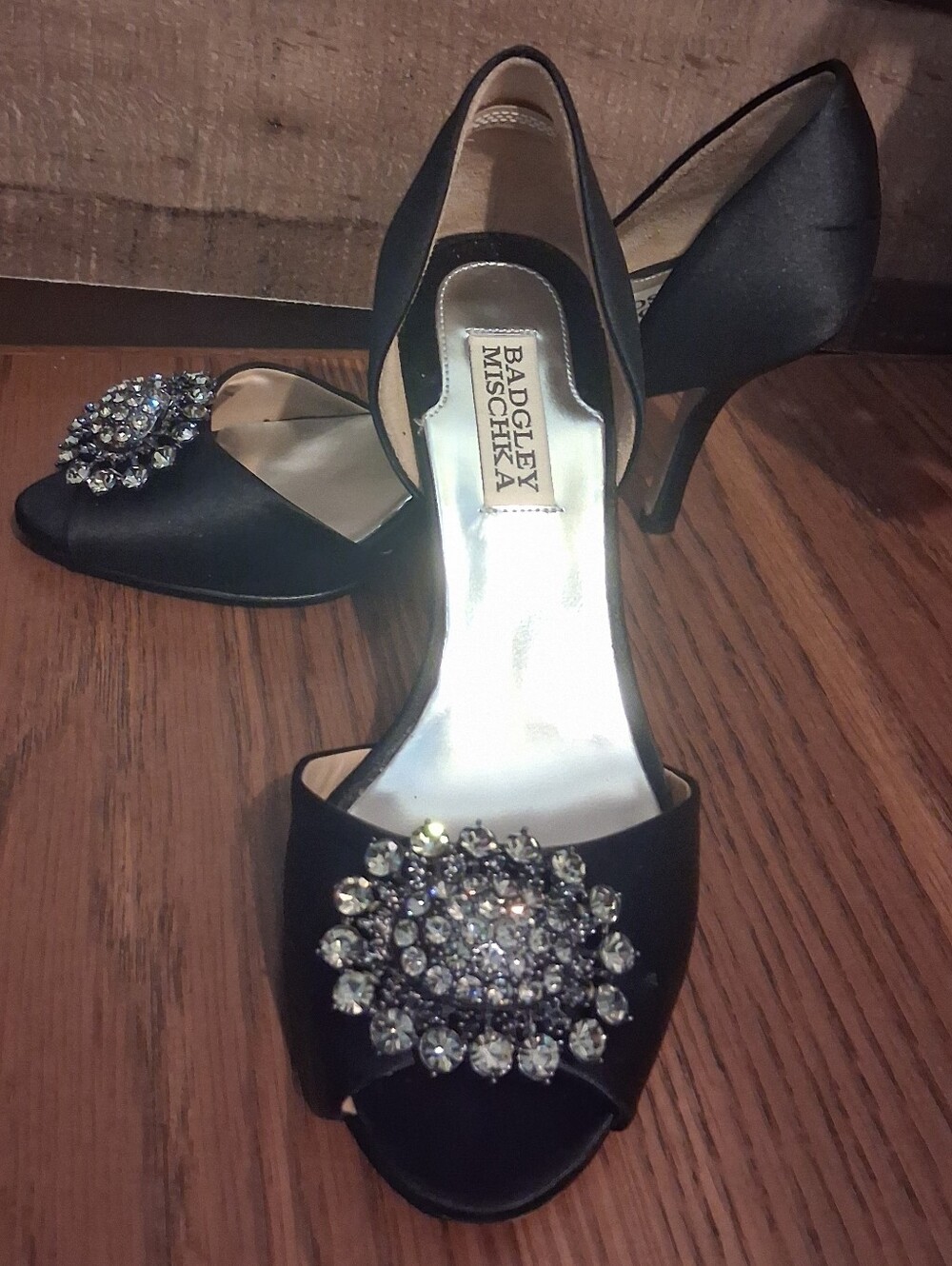 Badgley Mischka Black Satin Peep-Toe Heels with Crystal Brooch